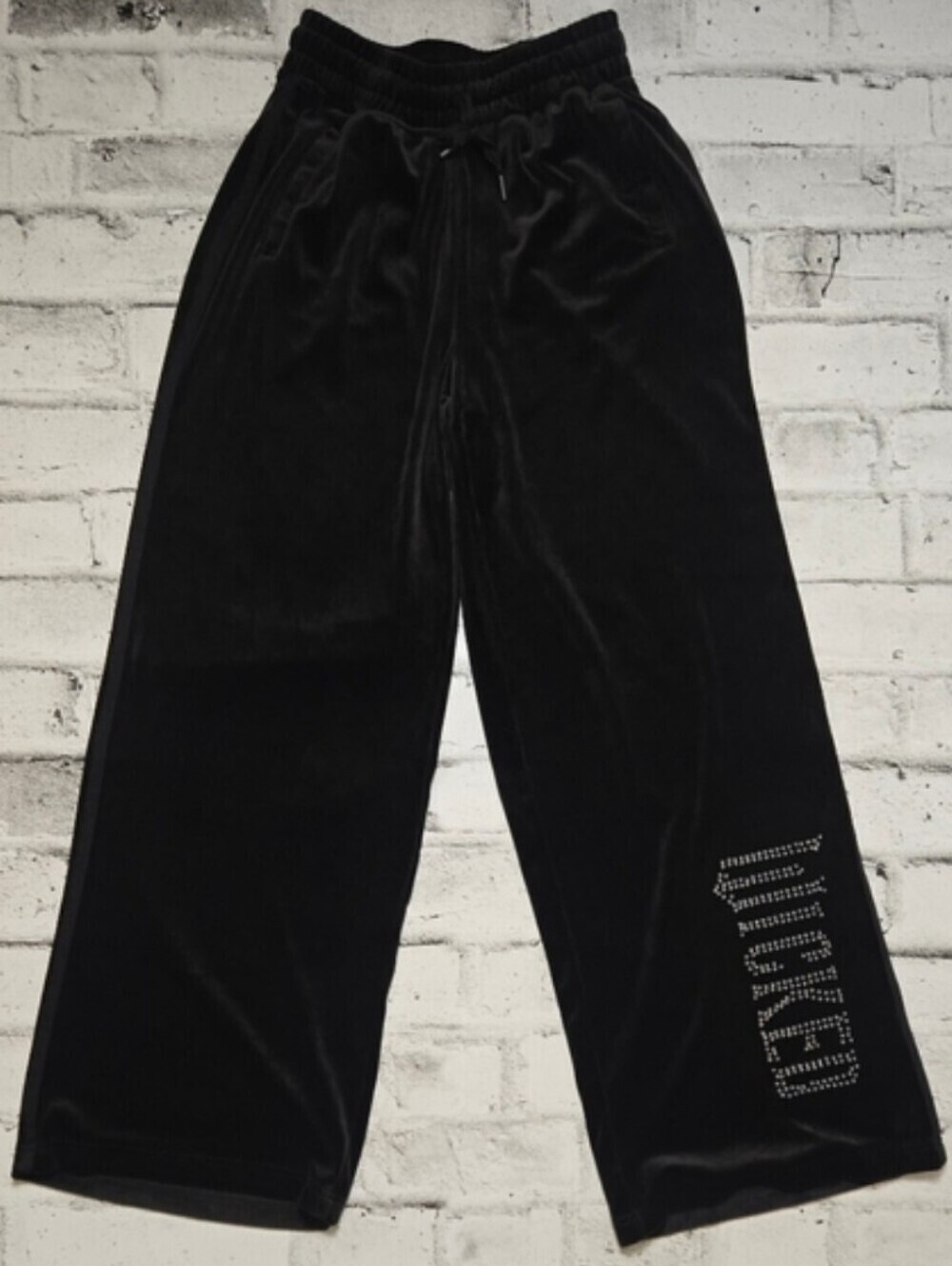 Wicked Velour Wide Leg Pants Black Rhinestone Logo Lounge XS